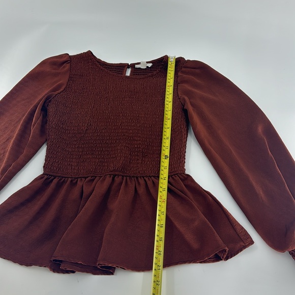 MINE Women’s Rust Smocked Peplum Long Sleeve Top Size S EUC - Picture 9 of 16